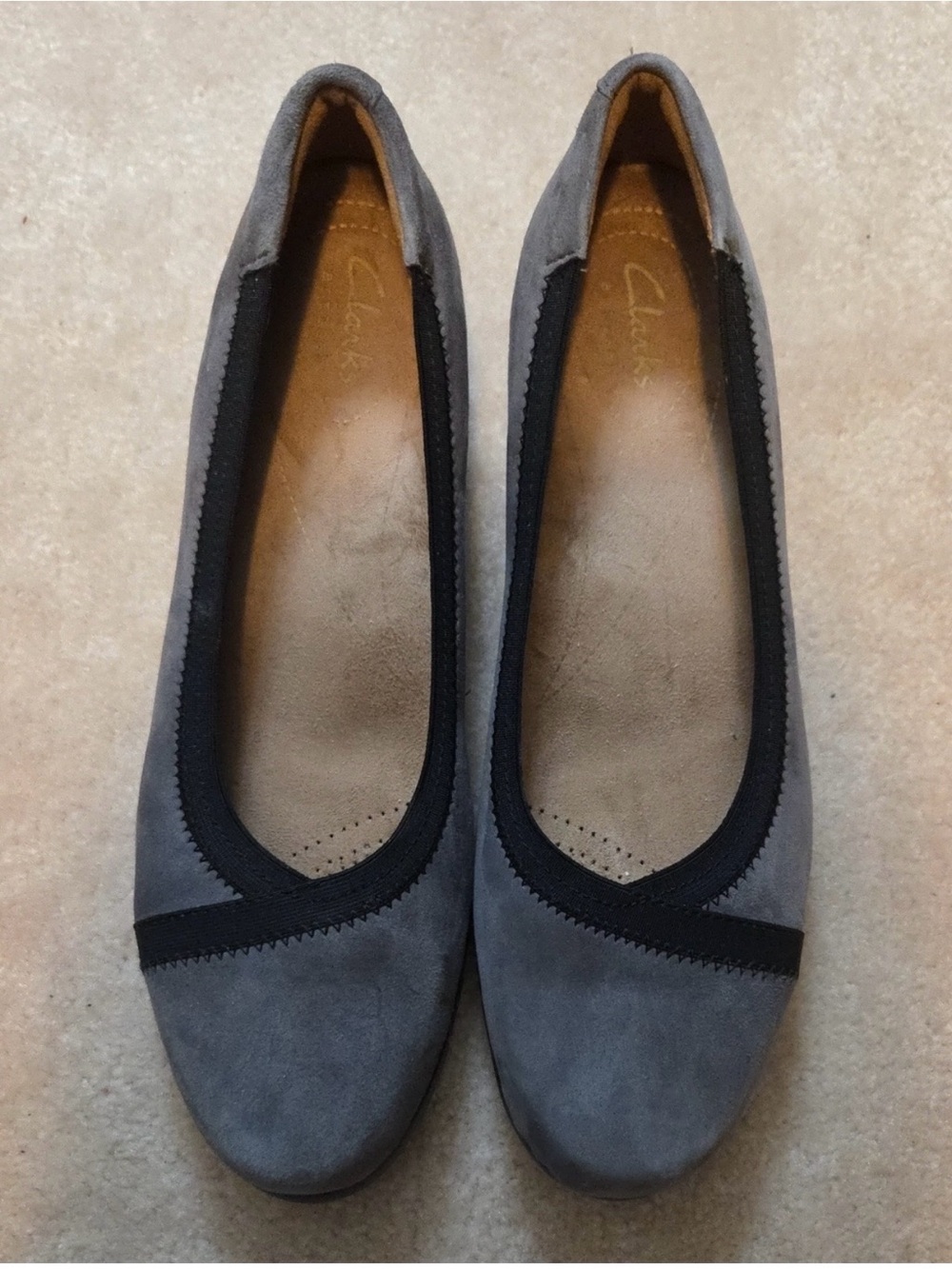 Clarks Gray Suede Slip-On Ballet Flats with Black Trim